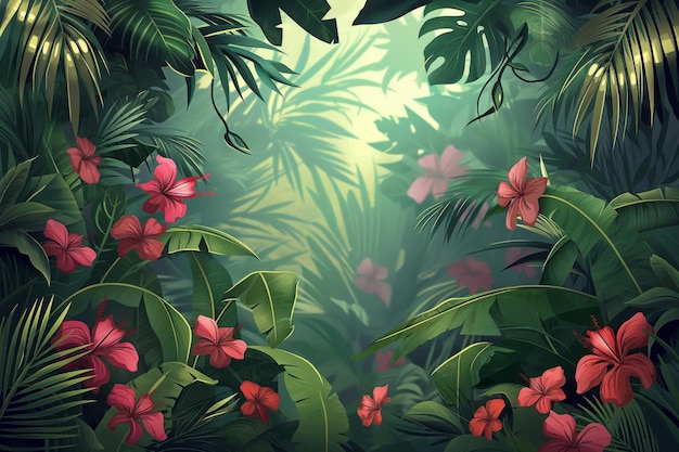 Richly textured illustration of a dense jungle scene with vivid greenery and red flowers