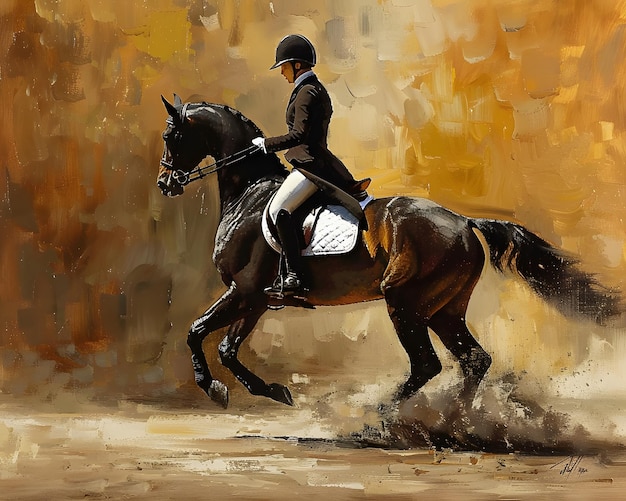 A rider in black and white attire sits astride a powerful black horse their elegant form in motion against a warm blurred background