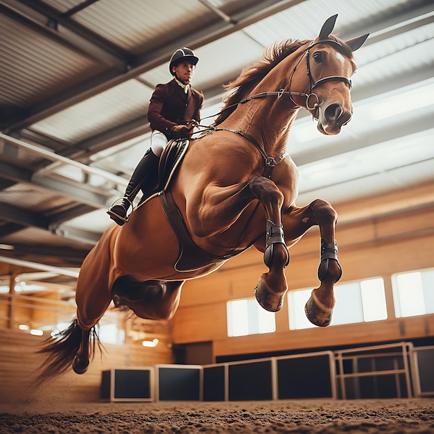 Rider and horse midjump in indoor arena