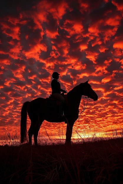 Photo a rider on horseback silhouetted against a fiery evening sky