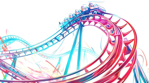 Riders on a roller coaster having fun The colors are bright and the image is exciting The image is in a cartoon style