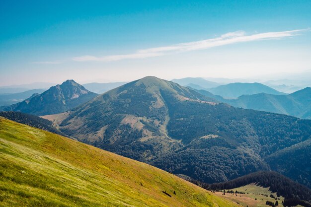 Ridge over the Slovakia mountains mala fatra Hiking in Slovakia mountains landscape Tourist traveler Mala Fatra national park Rozsutec and Stoh peak