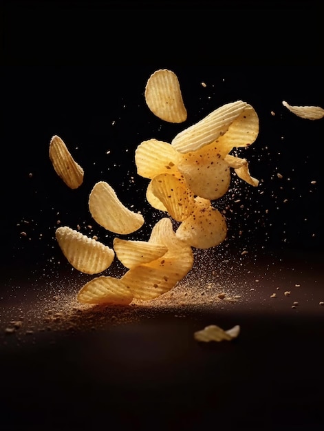 Ridged potato chips floating around seasoned powder on dark background