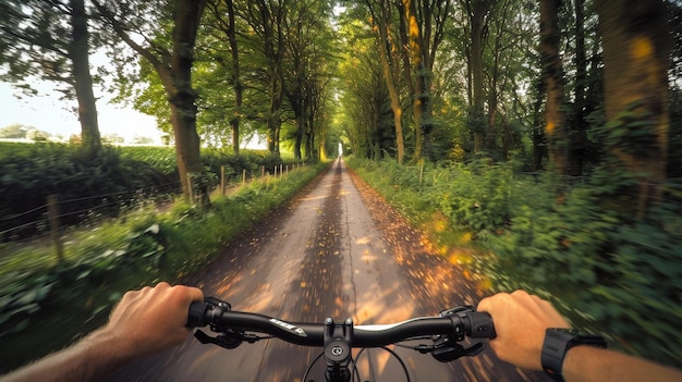 Photo riding a bicycle down a tree lined country road in summer pov photo first person perspective