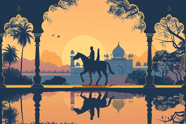 riding horse in a garden arch in Udaipur indian illustration background