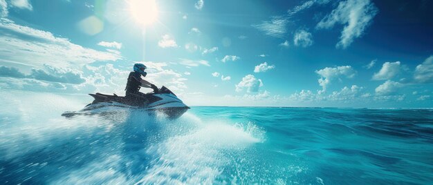 Photo riding jet ski in bright blue ocean with space for text in an exciting dynamic environment