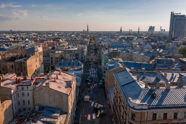 Riga/Latvia - August 10, 2020: Aerial view of the pedestrian Terbatas street. Pedestrian street in the capital of Latvia Riga.