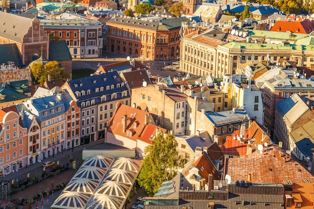 riga latvia view from the tower of st peters church to the old historical center of the 
city