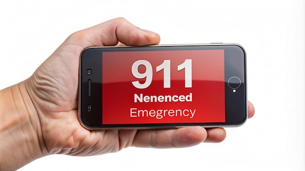 Photo right hand holding black smartphone with emergency number 911 on the screen isolated on white background with clipping path