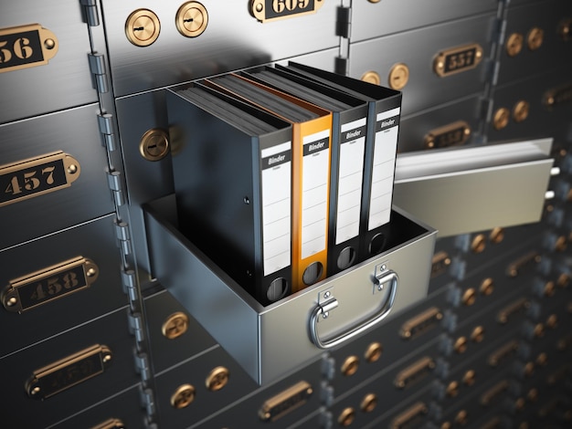 Ring binders on a safe deposit box. Confidential information concept. 3d illustration