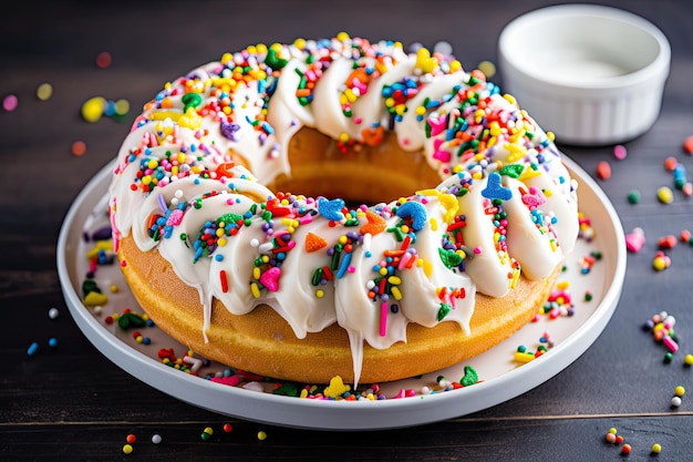 Ring cake made with vanilla frosting and topped with colorful sprinkles