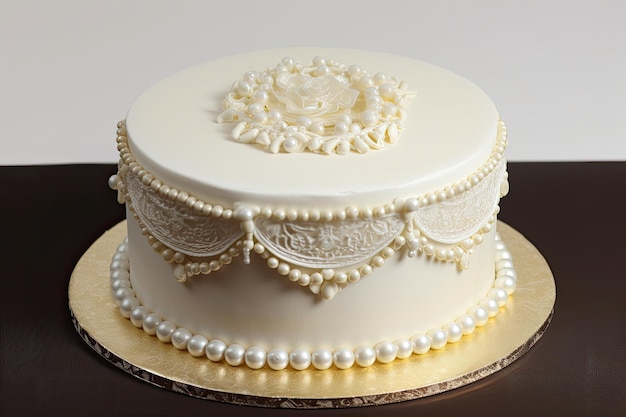 Ring cake with delicate and lacey design on the top accented with edible pearls