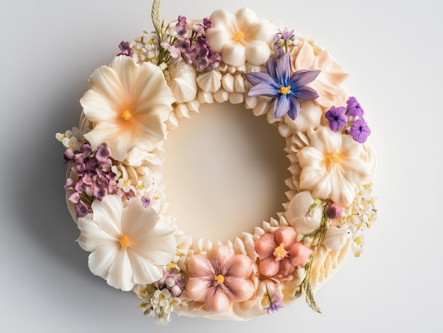 Photo ring cake with natural and pale colors decorated with cream frosting and fresh flowers created with generative ai ar 43 v 61 job id 7680e8bbc9754c229d75c40e7b554cdc