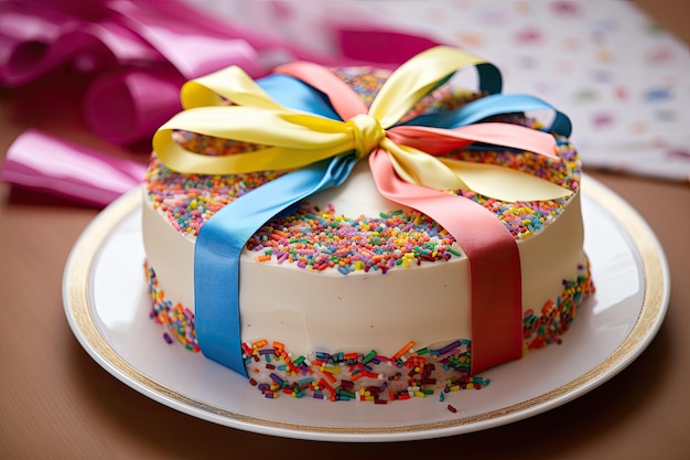 Ring cake with satin ribbon and bow surrounded by colorful sprinkles