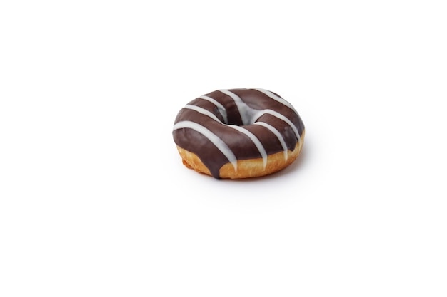 Ring doughnut with chocolate icing isolated on white background Fat homemade bun for dessert