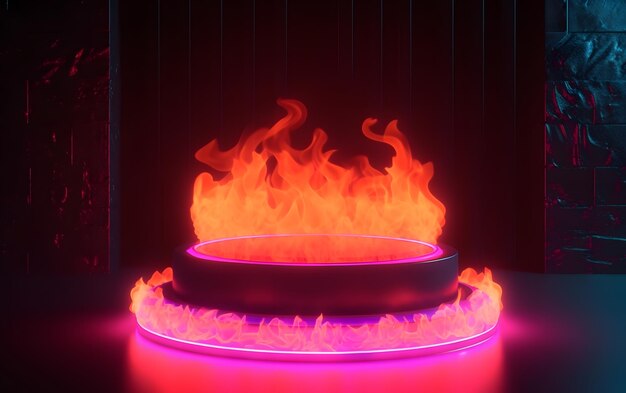 A ring of fire is lit up with pink and purple lights.