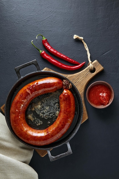 Ring of fried pork sausage on a black cast iron frying pan with hot pepper and ketchup on a black background Top view with copy space