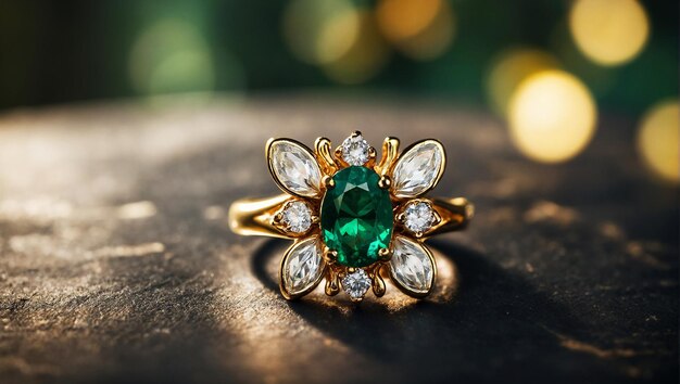 ring golden white shiny whit multicolor emerald and marquise buterfly design