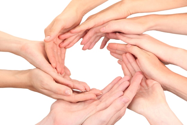 Ring of hands Conceptual photo of teamwork isolated on white