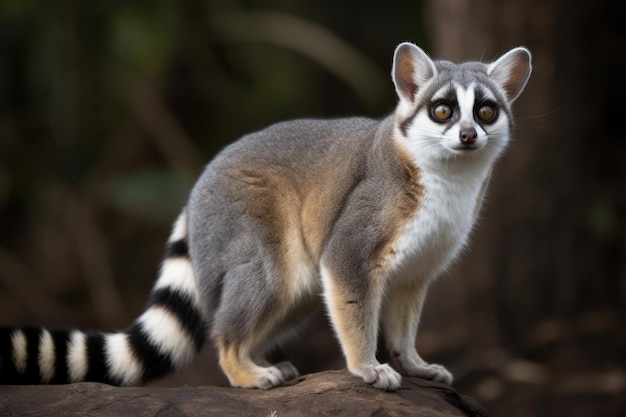 A ring tailed lemur is standing on a rock.