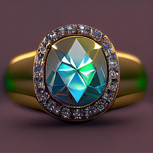 A ring with a blue gem sits on a dark background.