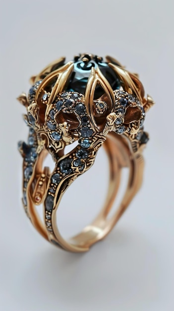 a ring with a blue sapphire and diamond