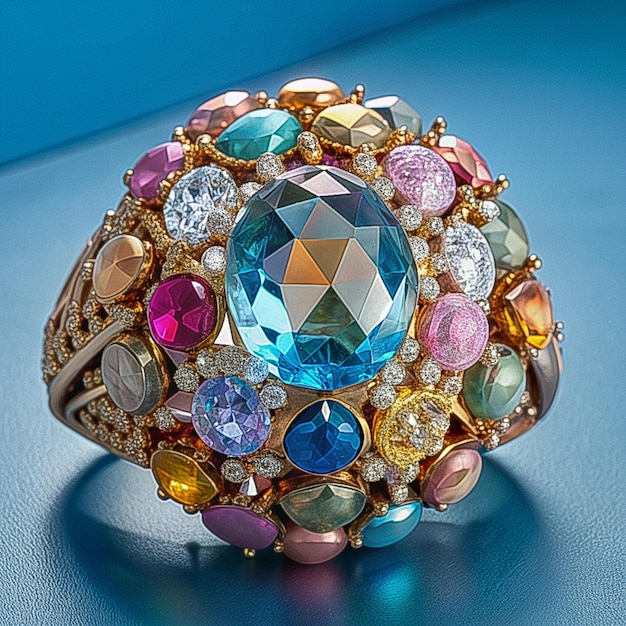 a ring with a diamond and gemstone on it