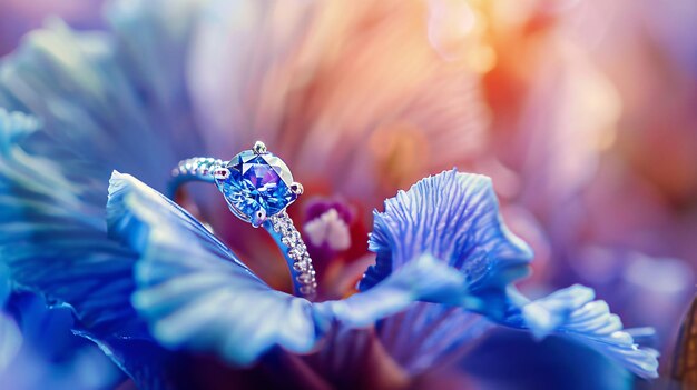 a ring with a diamond on it sits in a flower