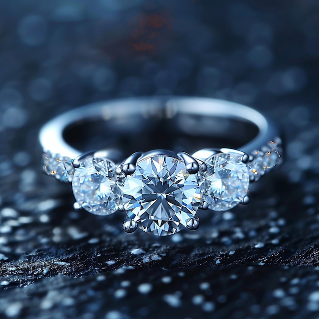 a ring with a diamond ring on it is laying on a black table