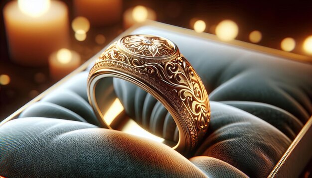 Photo a ring with a gold band on it is on a blue cushion