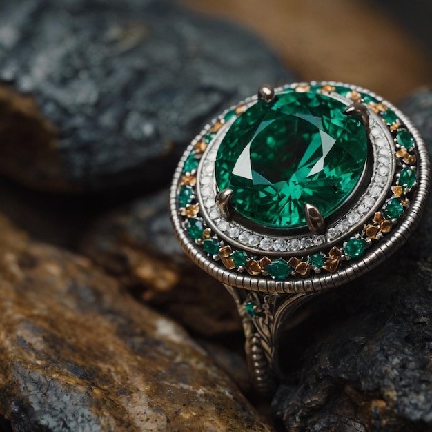 Photo a ring with a green diamond and emerald on it