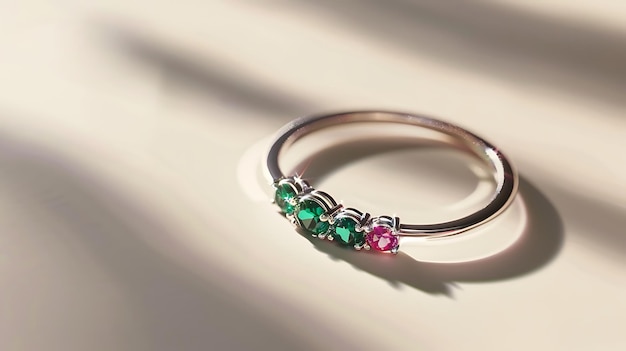 a ring with a green diamond and purple gemstone