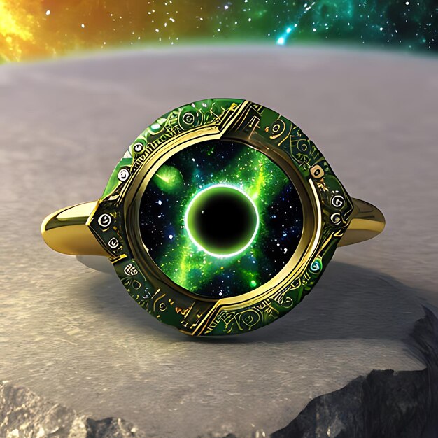 Photo a ring with a green diamond and a yellow ring with the word quot god quot on the bottom