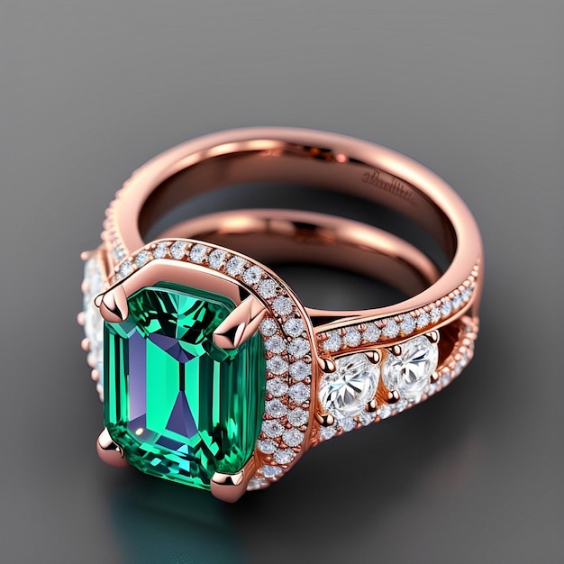 A ring with a green emerald on it and diamonds on the side.