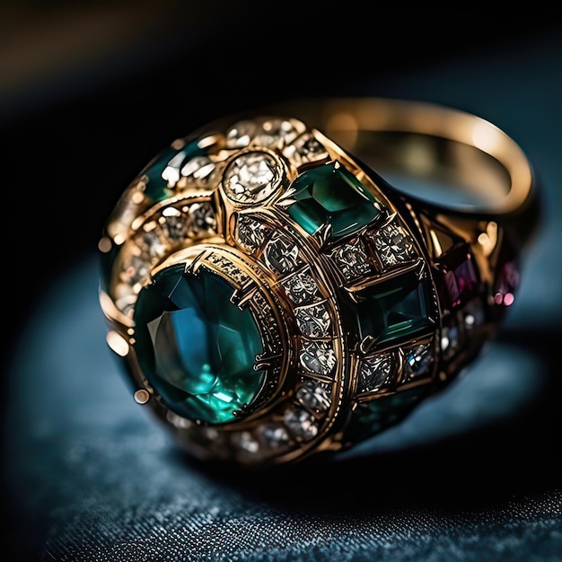 A ring with a green gem sits on a blue cloth.