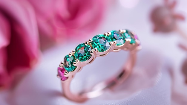 a ring with a green sapphire and diamond ring