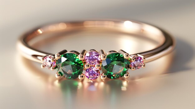 a ring with a green stone and purple gemstone