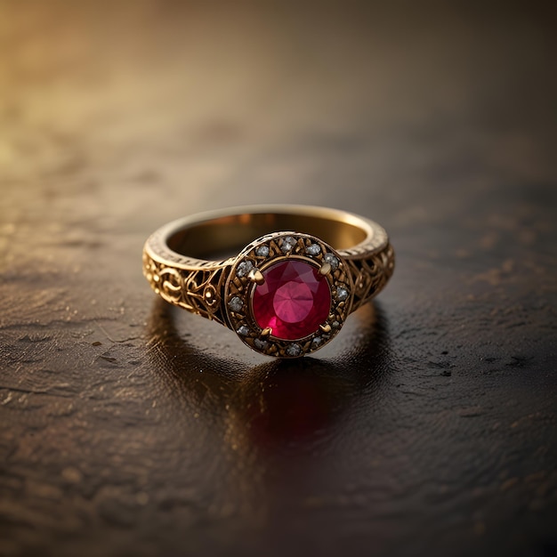 a ring with a pink stone on it is on a table