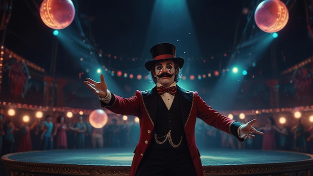 A ringmaster in a red coat and top hat stands on a stage with a crowd of people in the background with lights and confetti falling