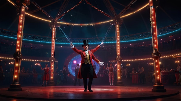 A ringmaster in a red and gold costume stands in the center of a circus tent arms outstretched under brightly lit rigging