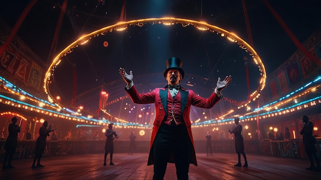 Photo a ringmaster stands in the center of a circus tent with his arms outstretched as he addresses the audience