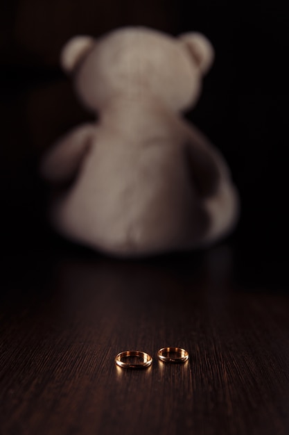 Rings and teddy bear as symbol of child Family law