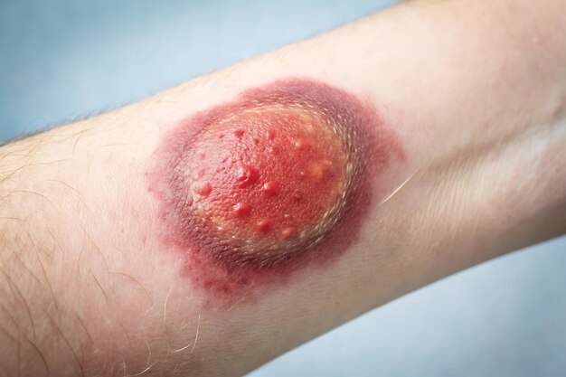 Photo ringworm on arm showing round red scaly patch