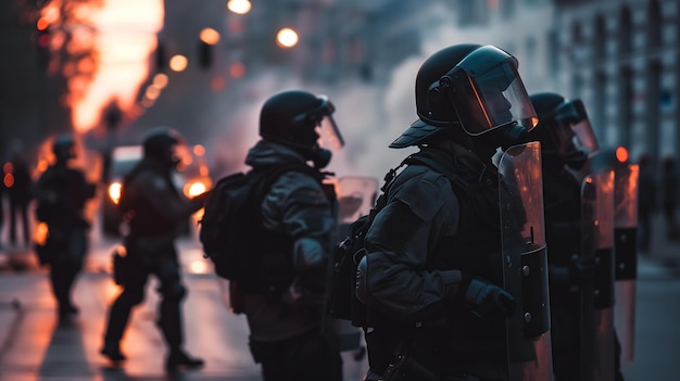 Riot police in line with shields during street unrest at twilight