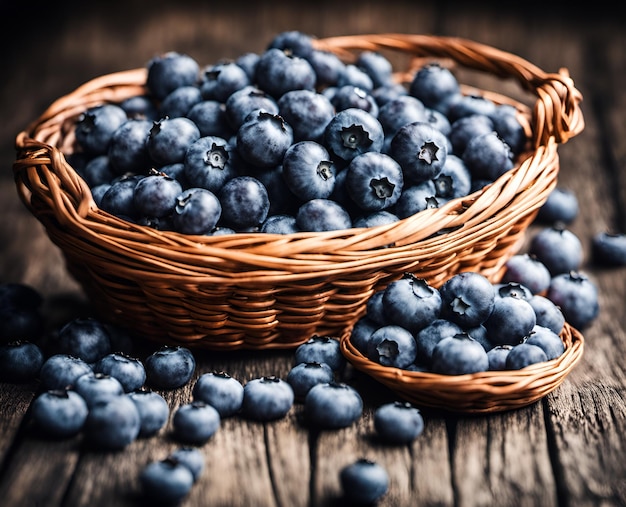 Ripe appetizing blueberry berries in an overflowing basket