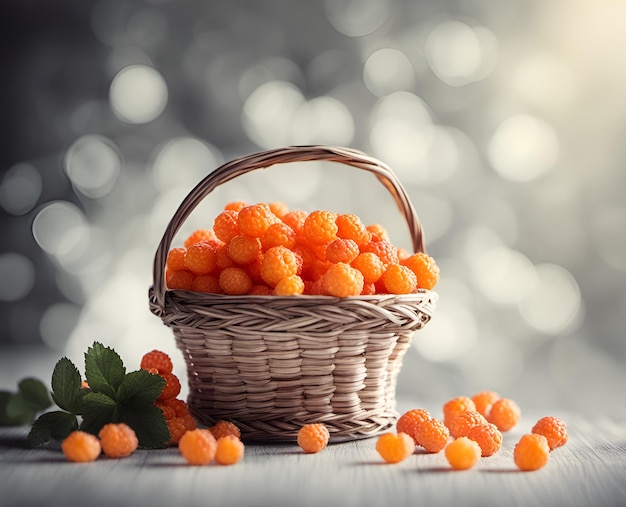 Ripe appetizing cloudberry berries in an overflowing basket