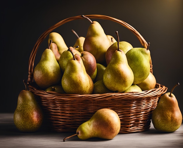 Ripe appetizing pears in an overflowing basket