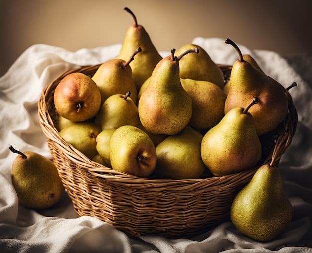 Ripe appetizing pears in an overflowing basket