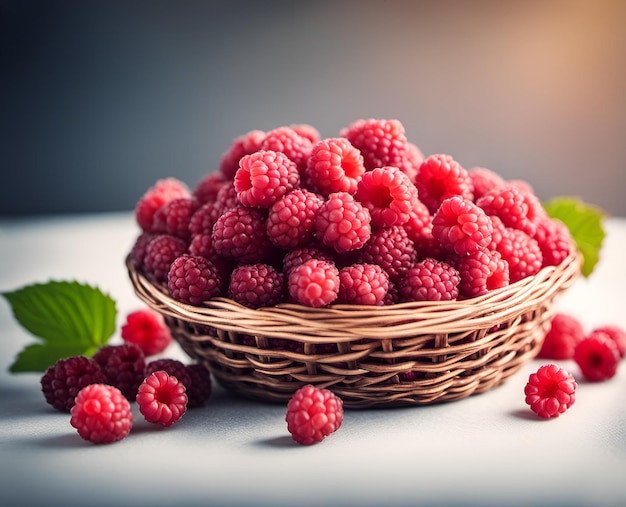 Ripe appetizing raspberry berries in an overflowing basket