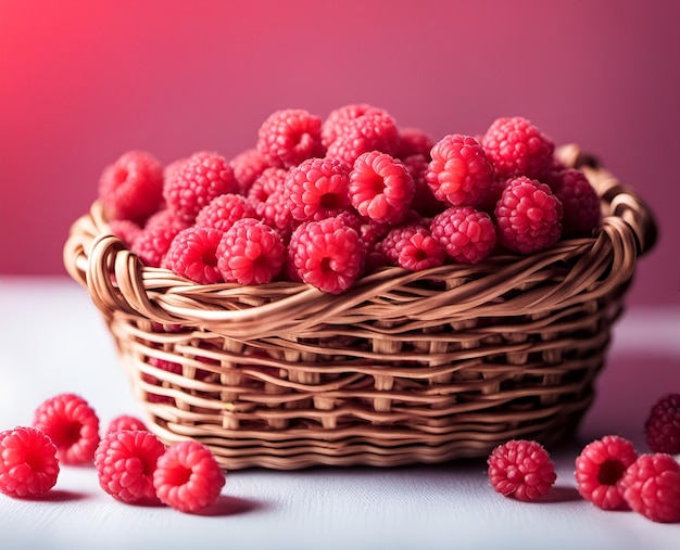 Ripe appetizing raspberry berries in an overflowing basket